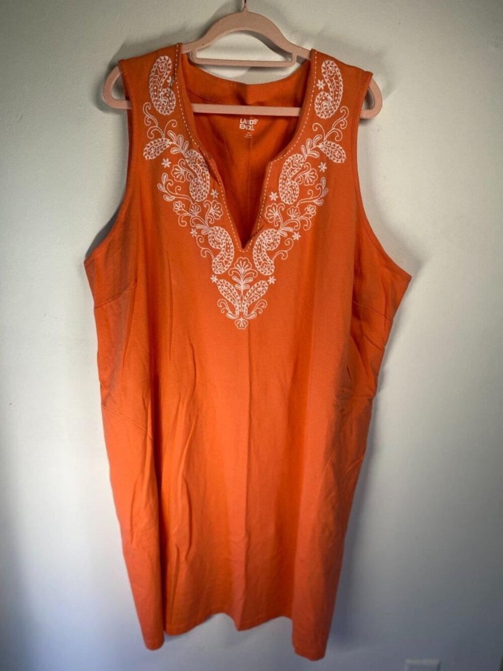Lands End Sleeveless Orange Embroidered Cotton Tunic Dress With Pockets Size 3X